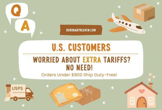 Green graphic with cartoon plane, USPS truck, and packages. Text reads: "U.S. Customers, worried about extra tariffs? No need! Orders under $800 ship duty-free!" Playful tone.
