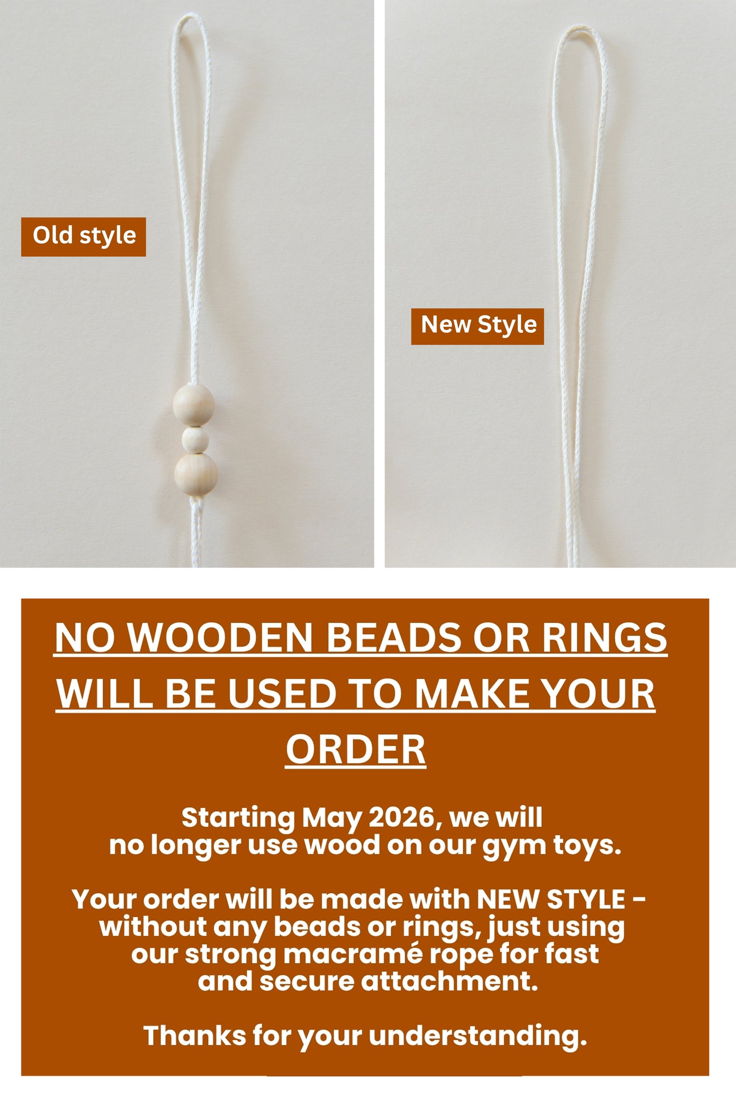 Comparison of old and new gym toy styles with a message about wooden beads and rings no longer being used.