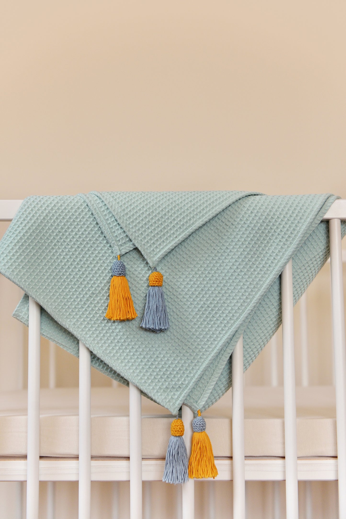 Aqua Waffle Weave Cotton Knit Blanket With Boho Tassels