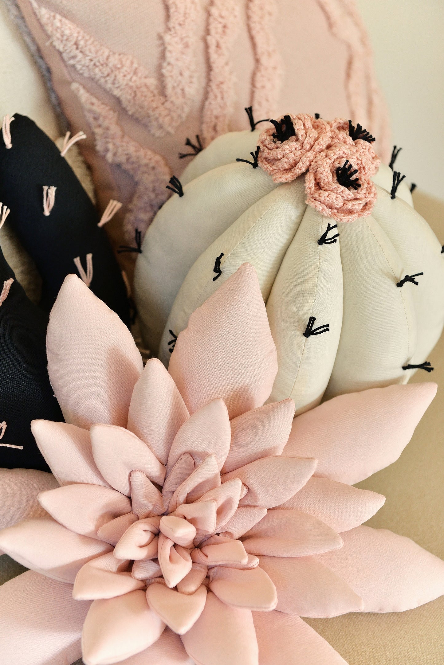 Black, Ivory and Pink Cactus Pillow Set
