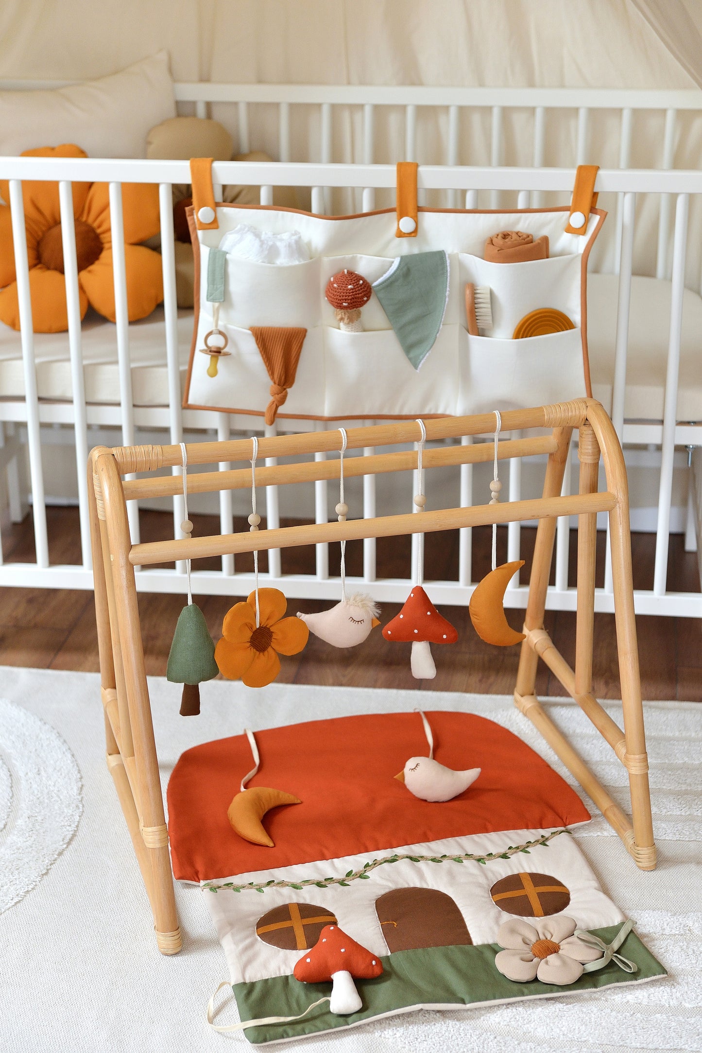 Offwhite and Copper Quilted Cotton Hanging Crib Organizer