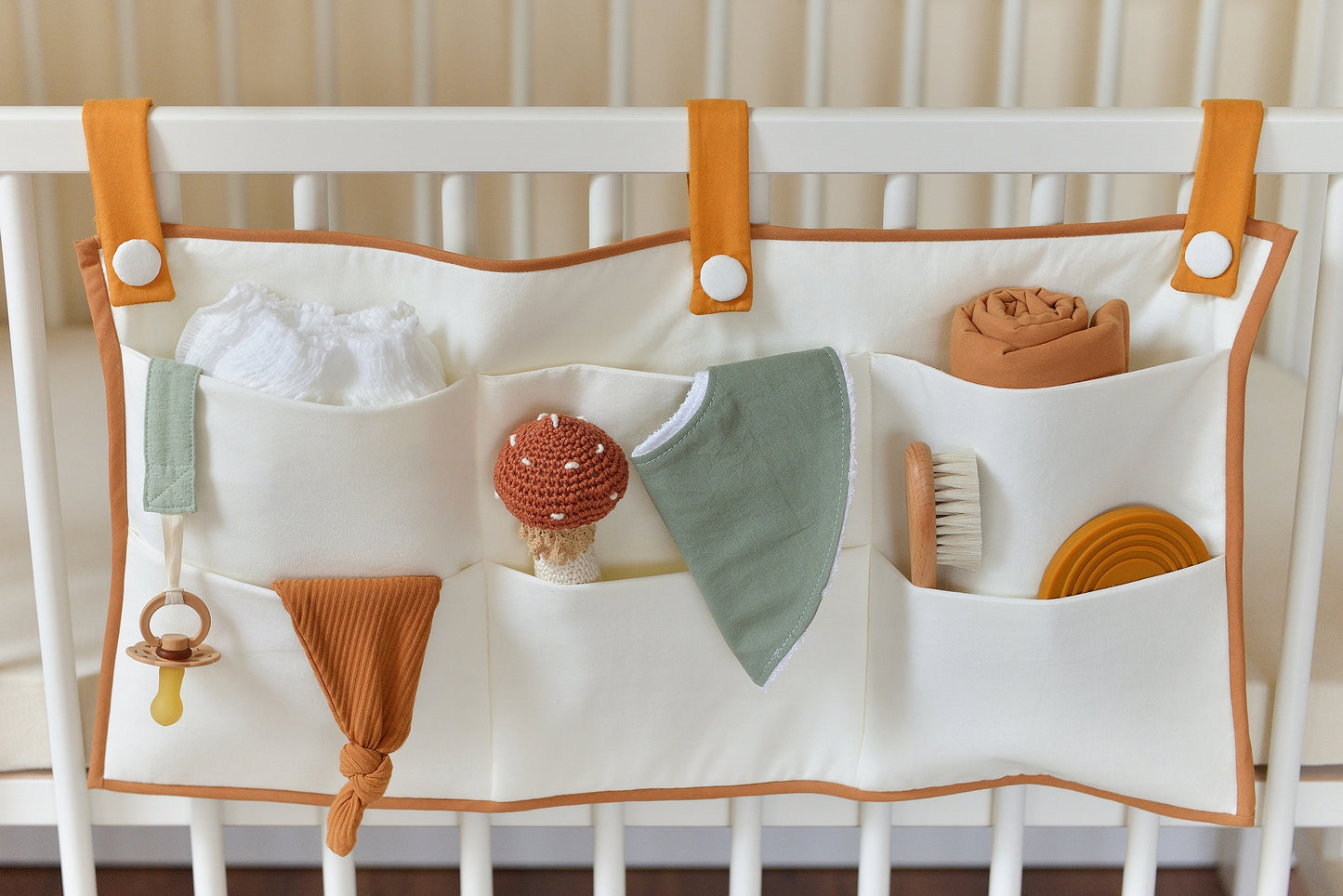 Offwhite and Copper Quilted Cotton Hanging Crib Organizer