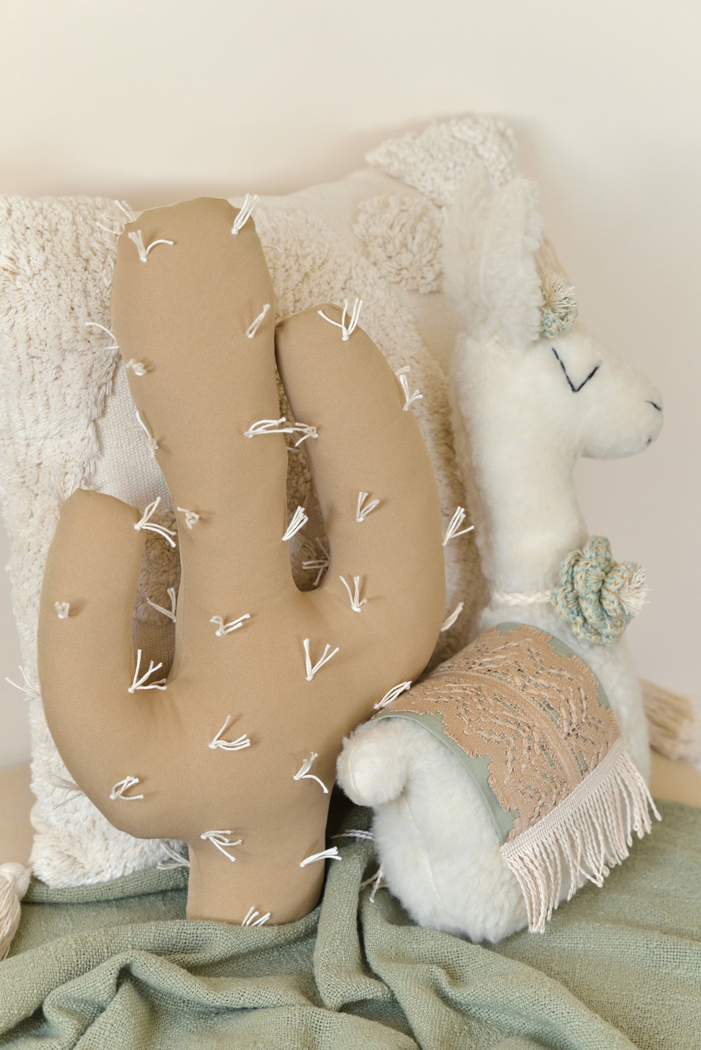 Sage Llama Soft Toy and Tan Cactus Pillow Set