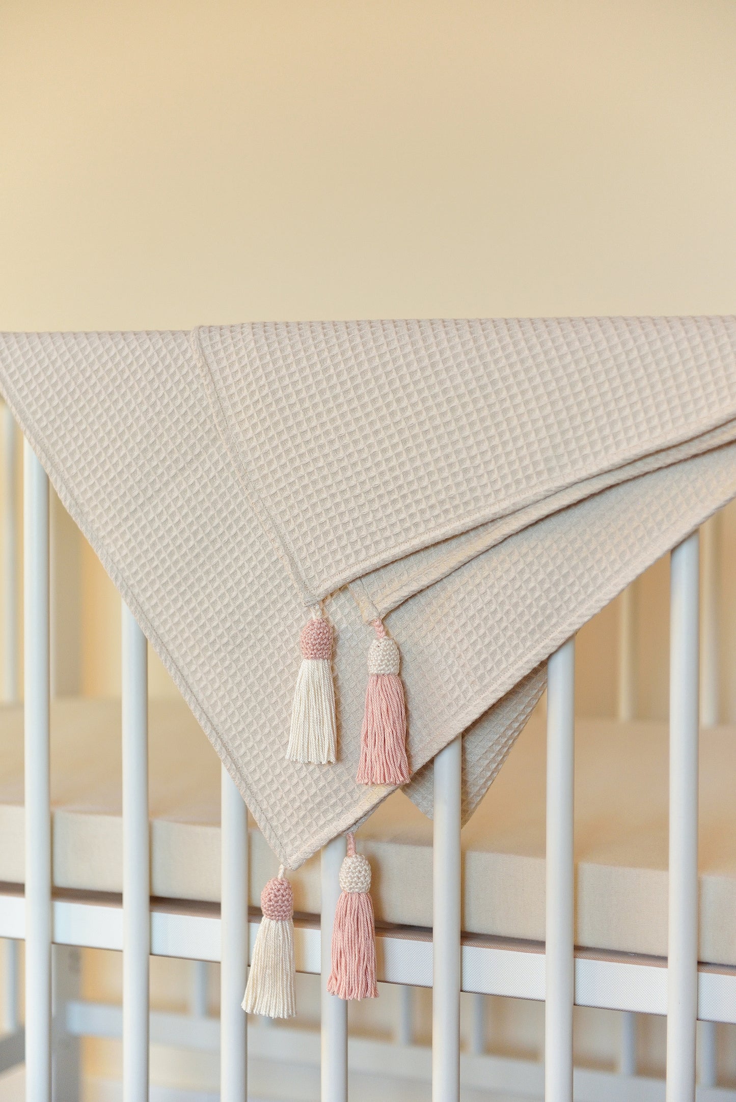 Ivory Waffle Weave Cotton Knit Blanket With Boho Tassels