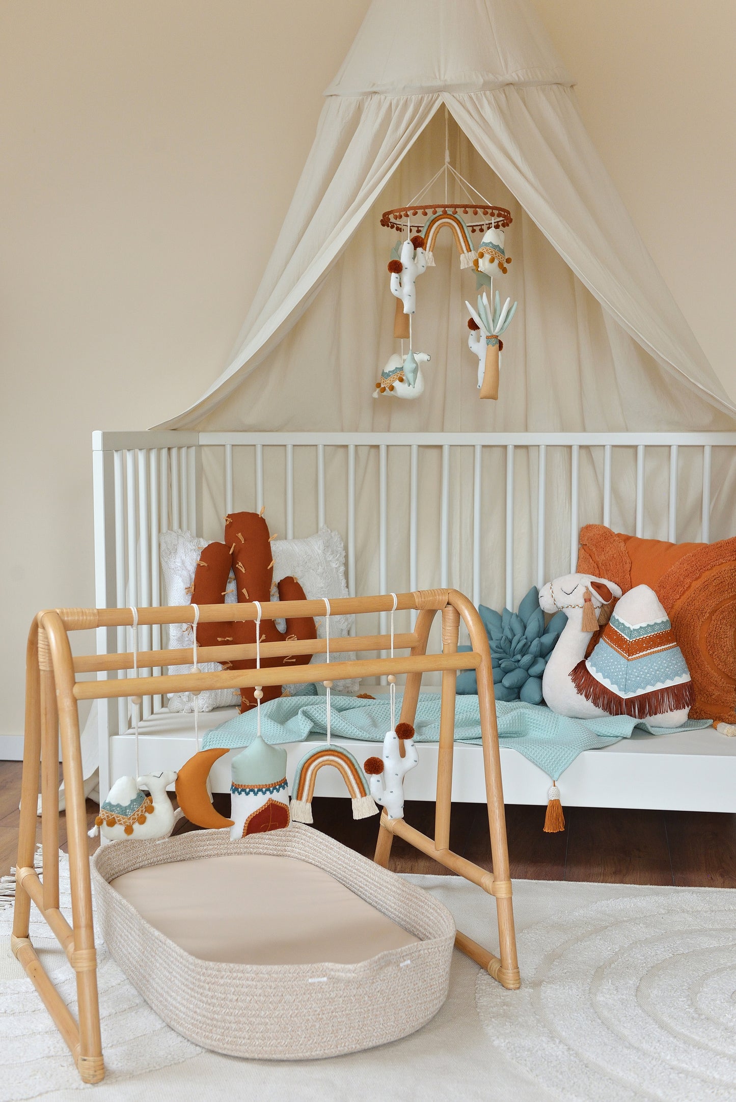 Aqua Waffle Weave Cotton Knit Blanket With Rust Boho Tassels