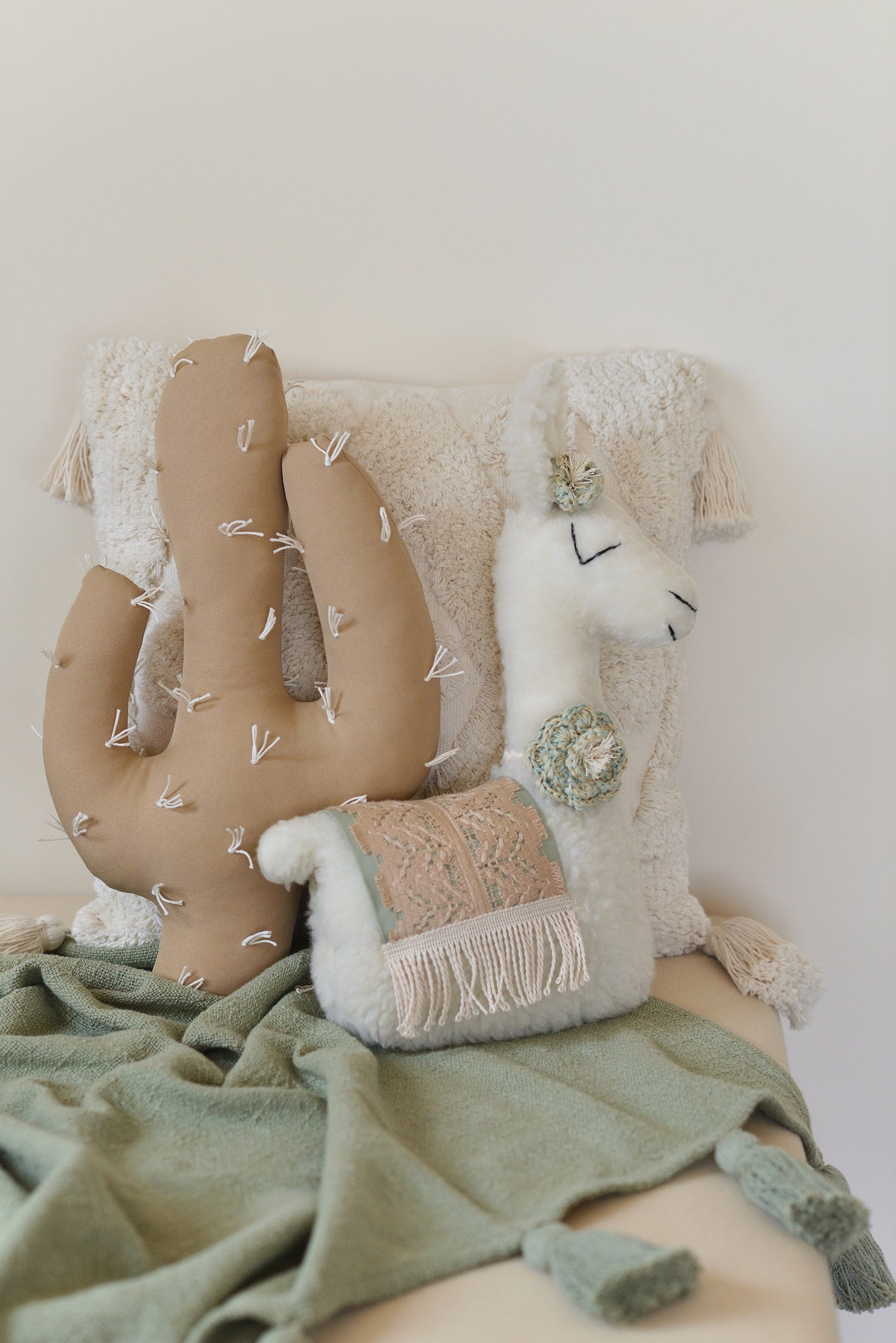 Sage Llama Soft Toy and Tan Cactus Pillow Set