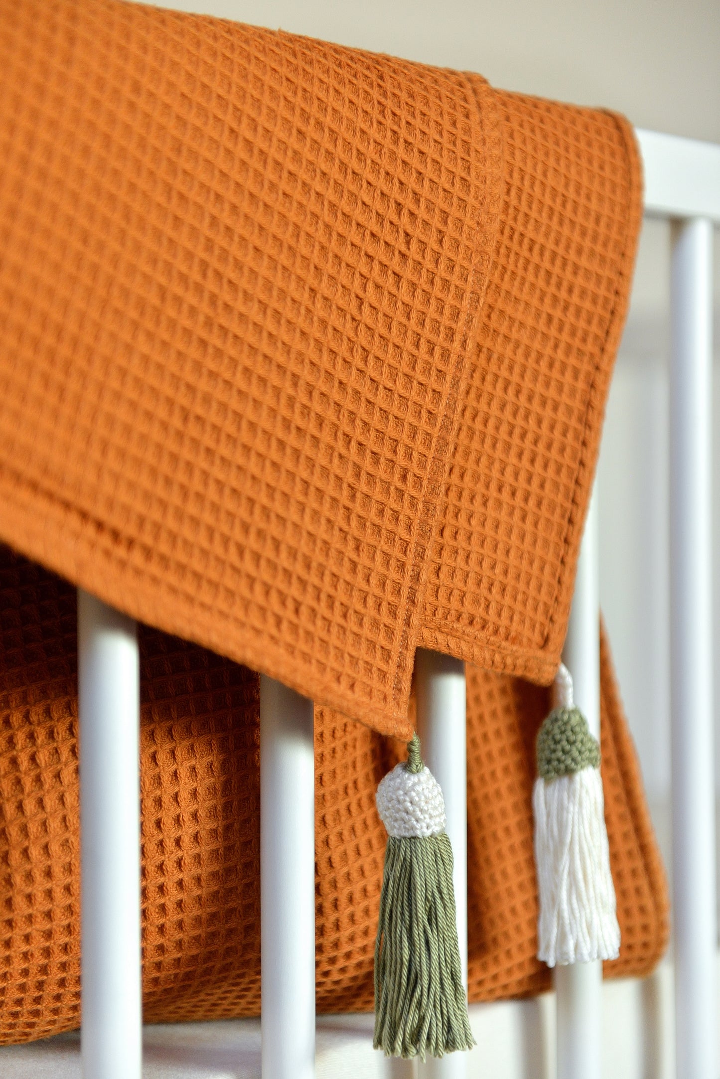 Rust Waffle Weave Cotton Knit Blanket With Boho Tassels