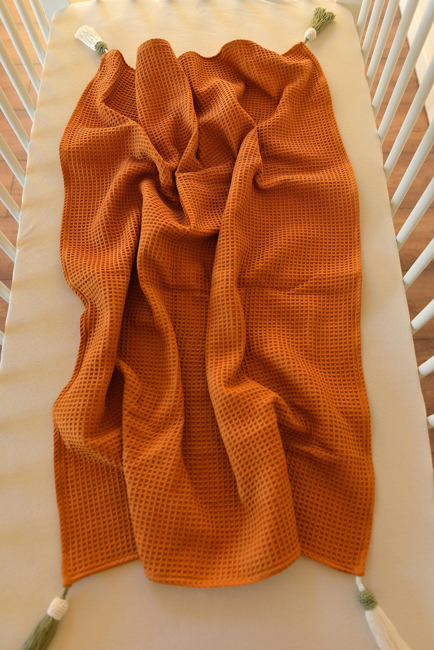 Rust Waffle Weave Cotton Knit Blanket With Boho Tassels