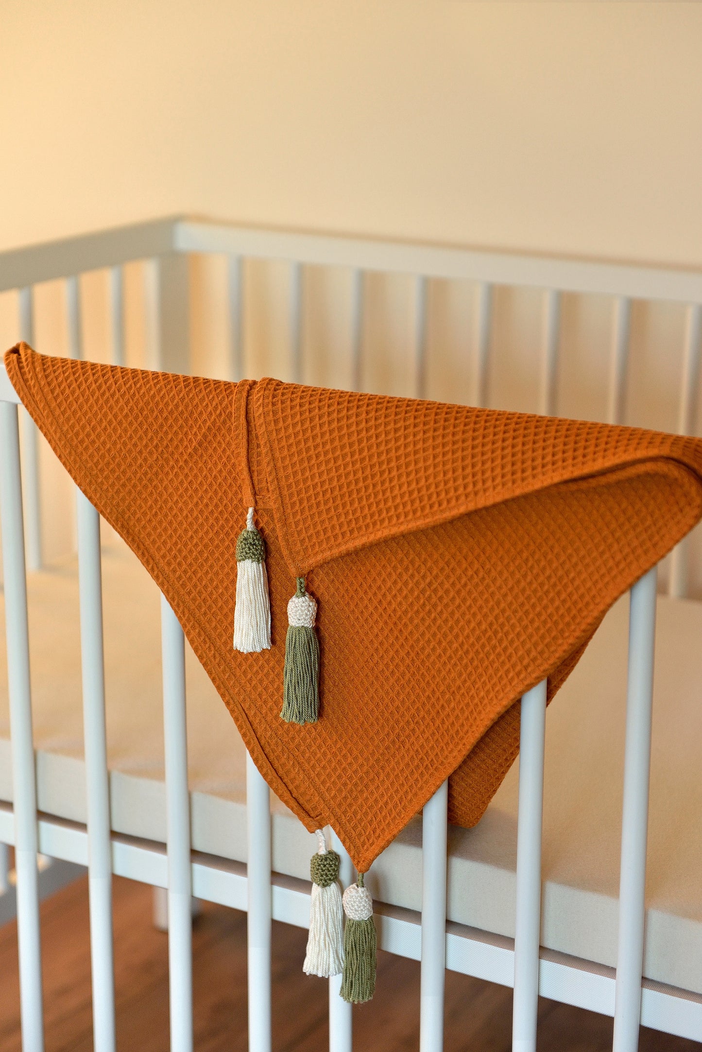 Rust Waffle Weave Cotton Knit Blanket With Boho Tassels