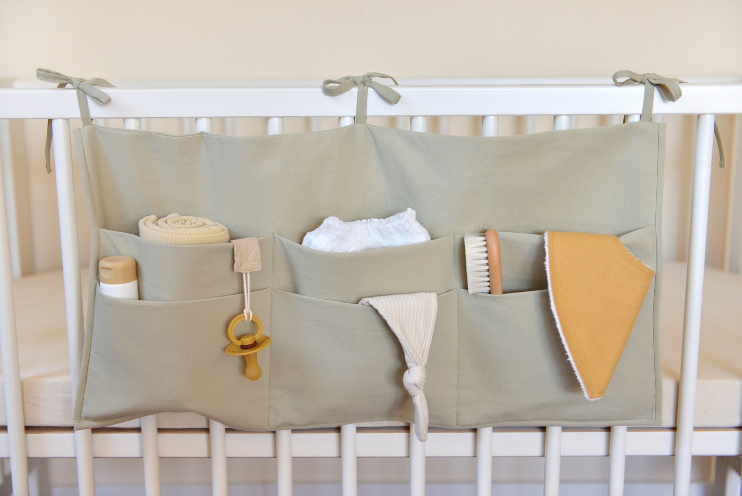 Sage Green Quilted Cotton Hanging Crib Organizer