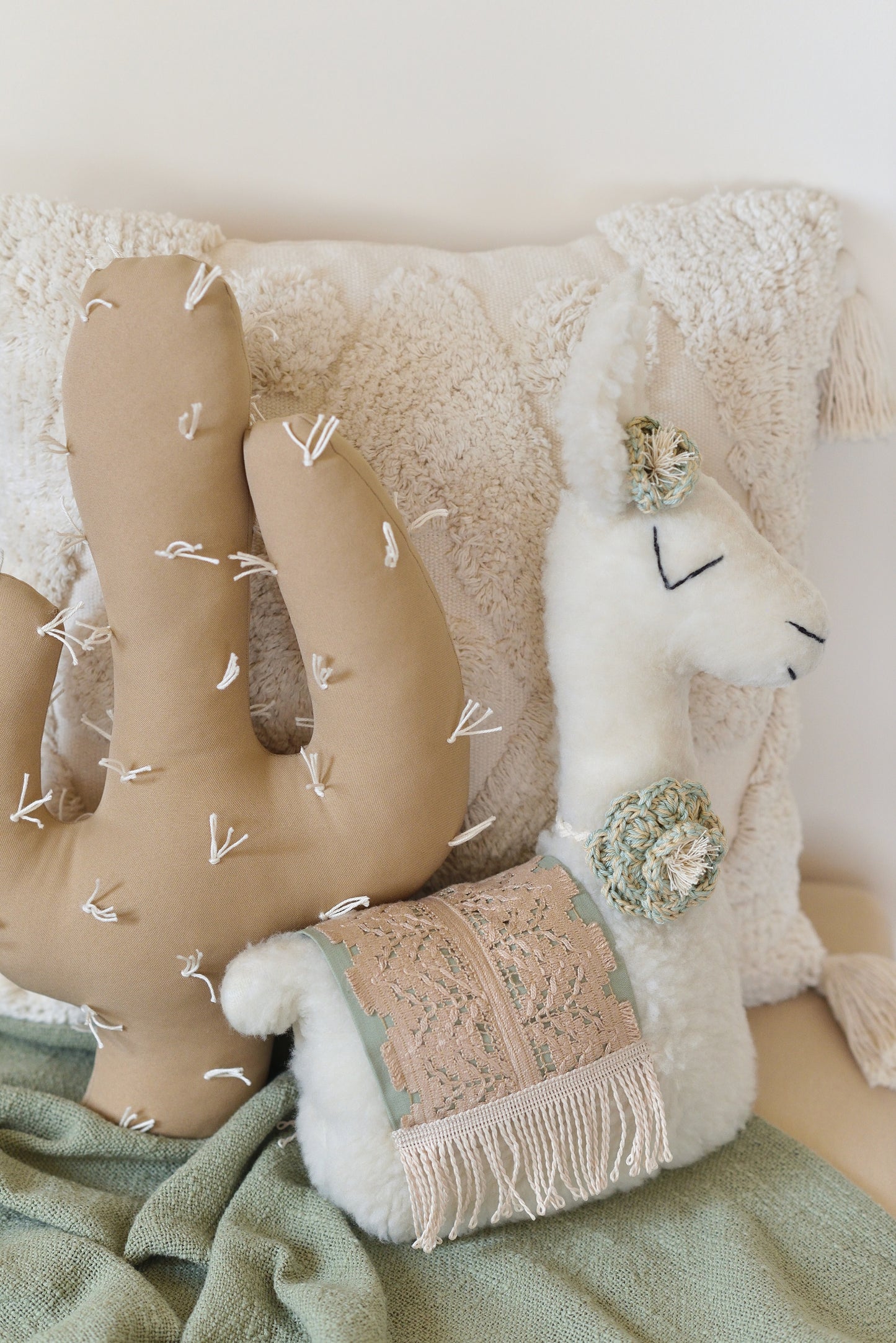 Sage Llama Soft Toy and Tan Cactus Pillow Set