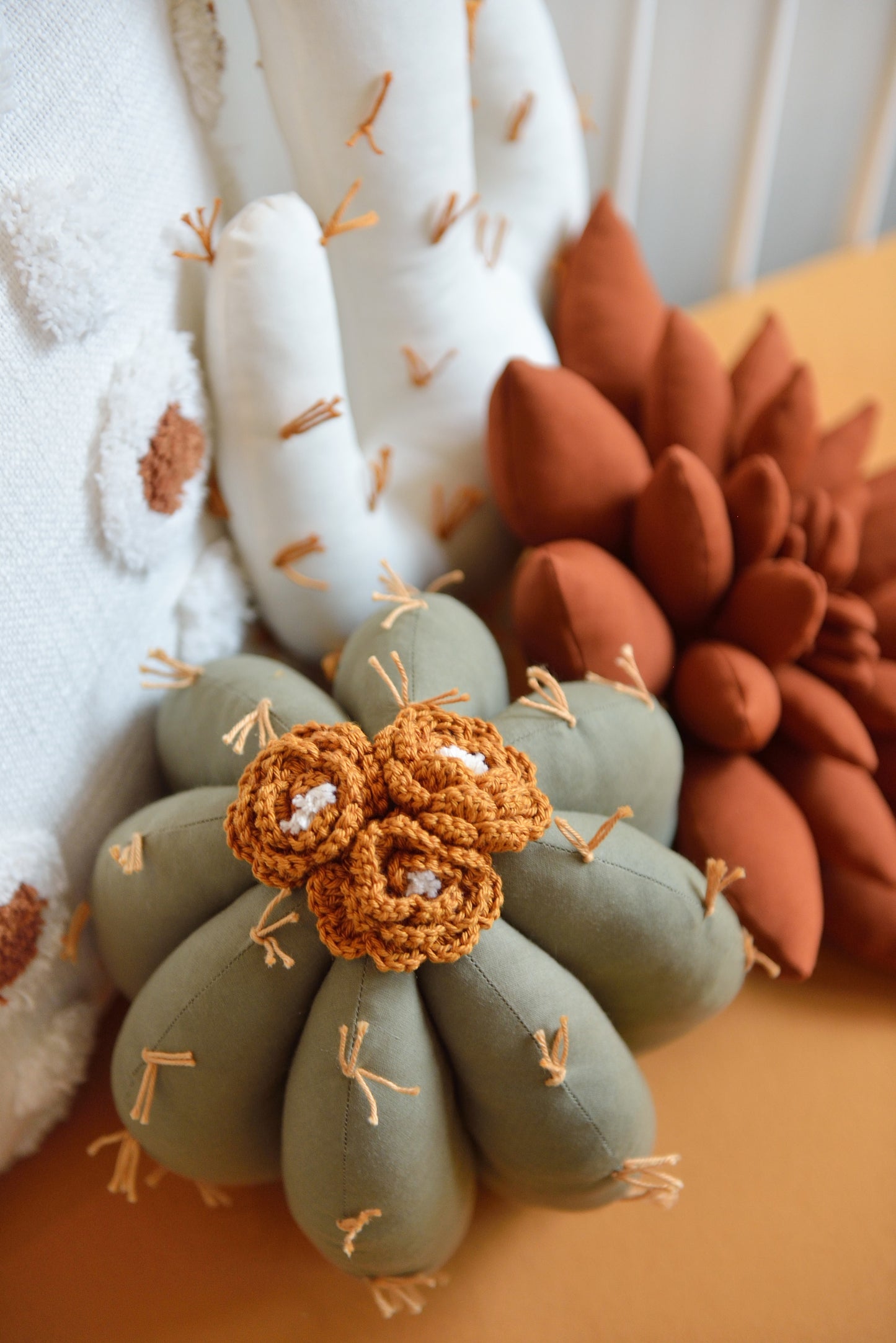 Rust, Khaki and Offwhite Cactus Pillow Set