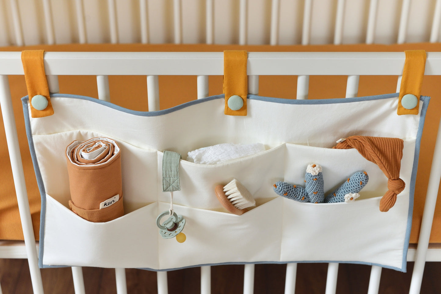 Offwhite and Steel Blue Quilted Cotton Hanging Crib Organizer