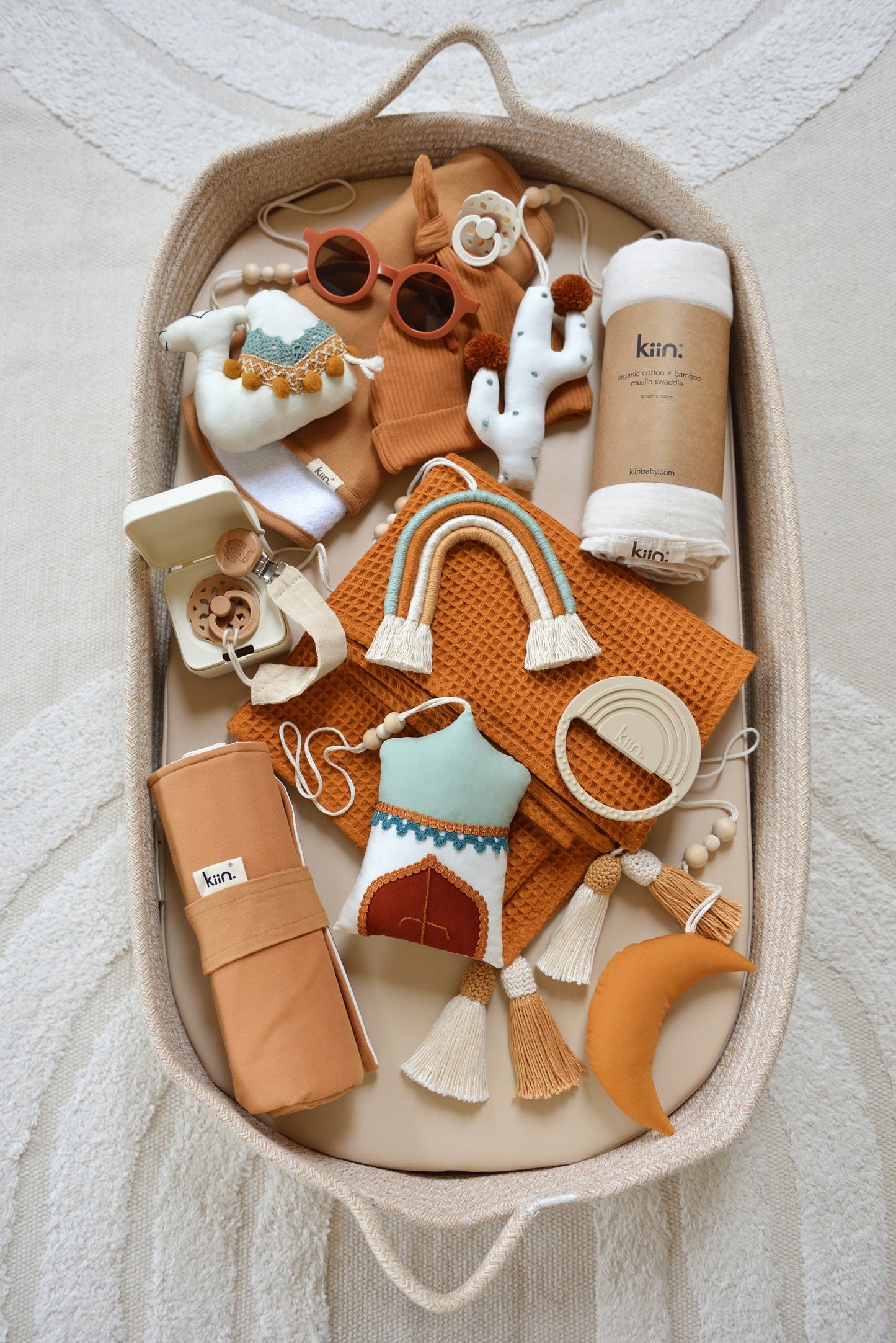 Rust Waffle Weave Cotton Knit Blanket With Duotone Boho Tassels