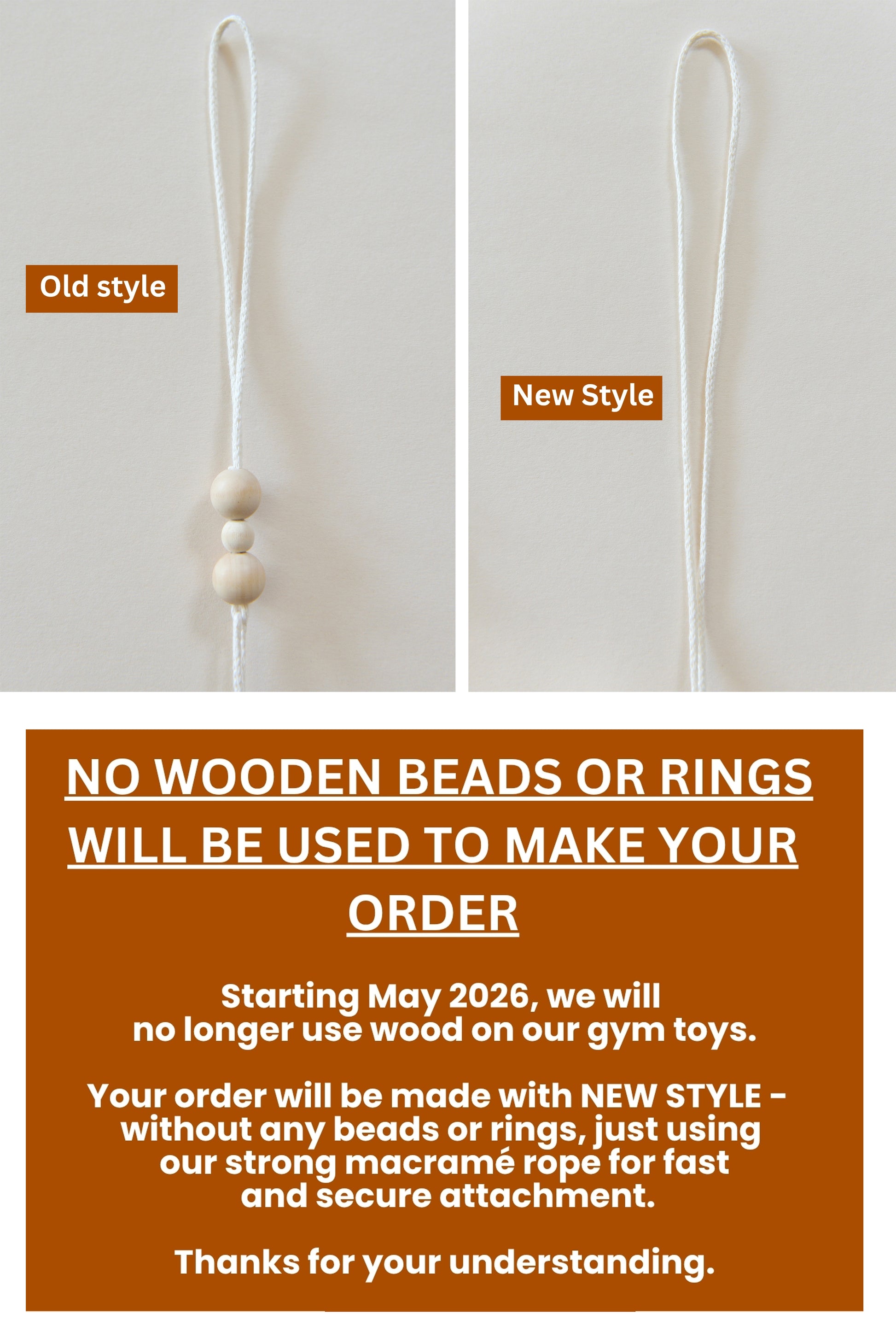 Comparison of old and new gym toy styles with a message about wooden beads and rings no longer being used.