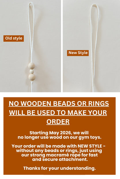 Comparison of old and new gym toy styles with a message about wooden beads and rings no longer being used.