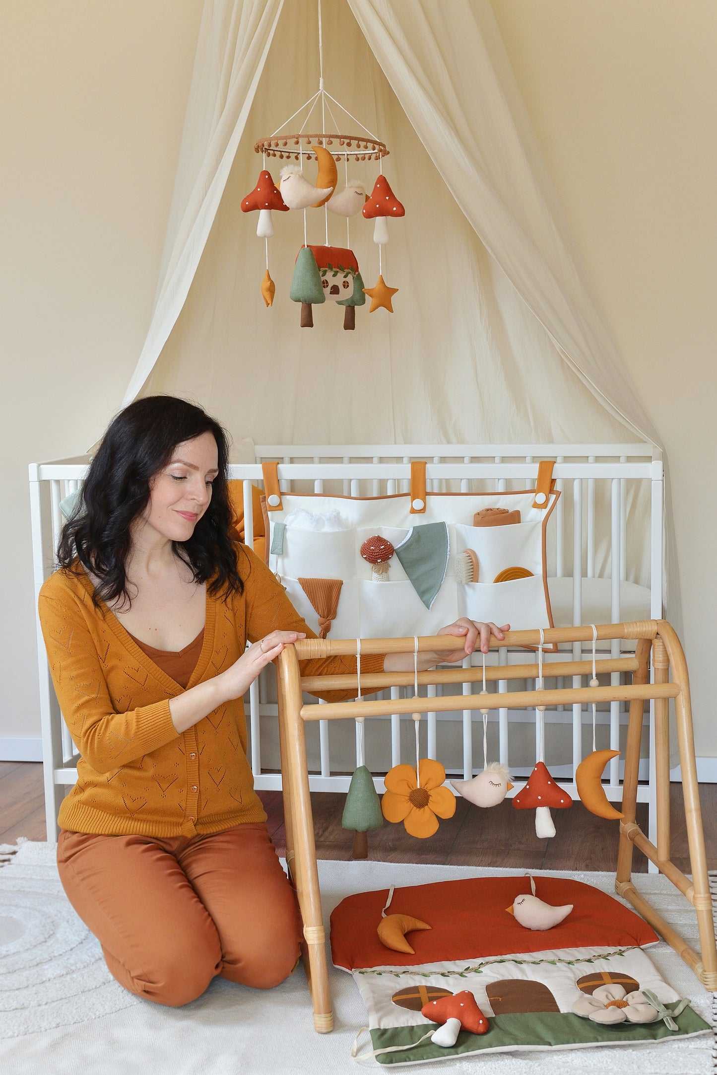 Offwhite and Copper Quilted Cotton Hanging Crib Organizer