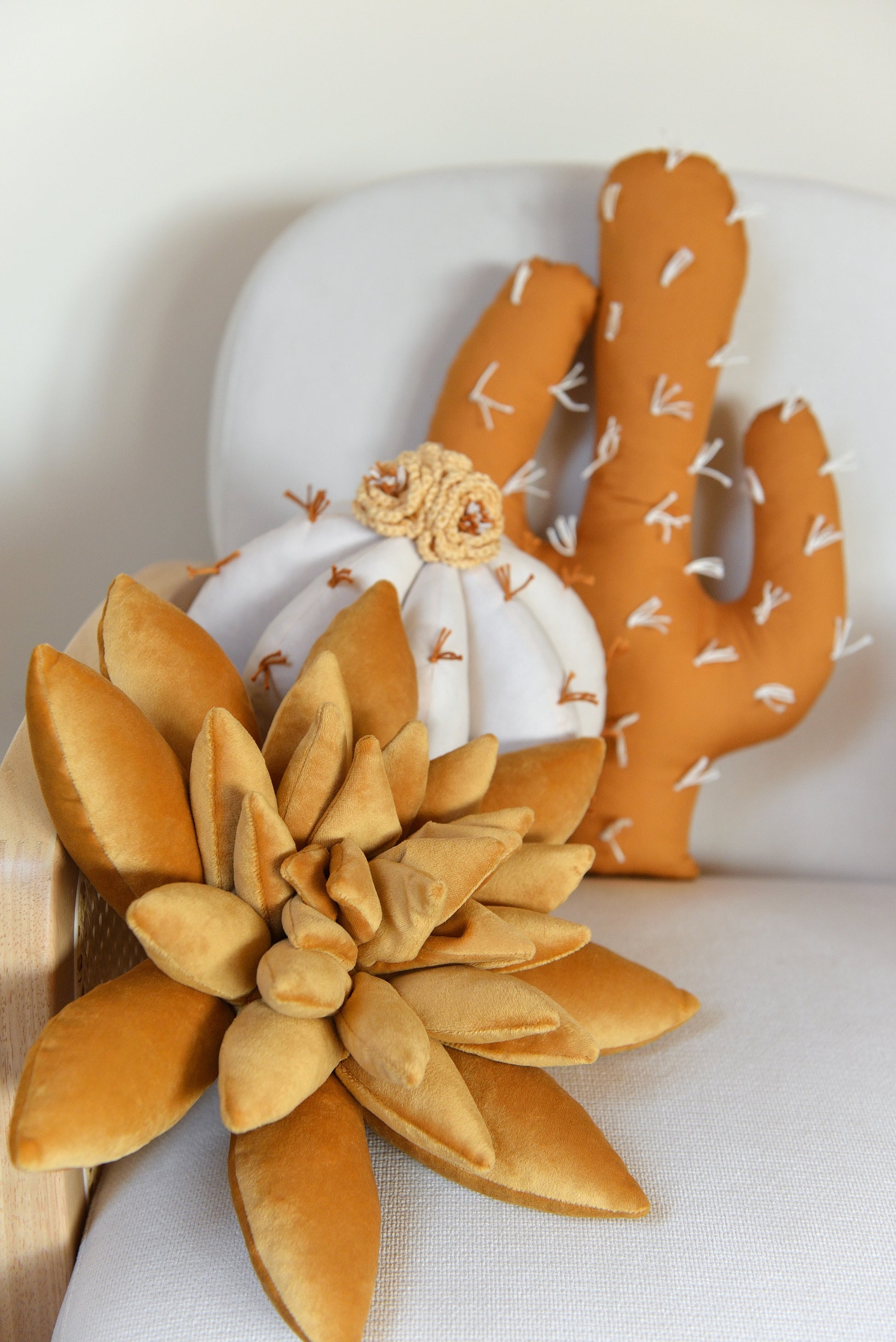 succulent cactus pillow Gold, Ochre and Light Beige Cactus Pillow Set