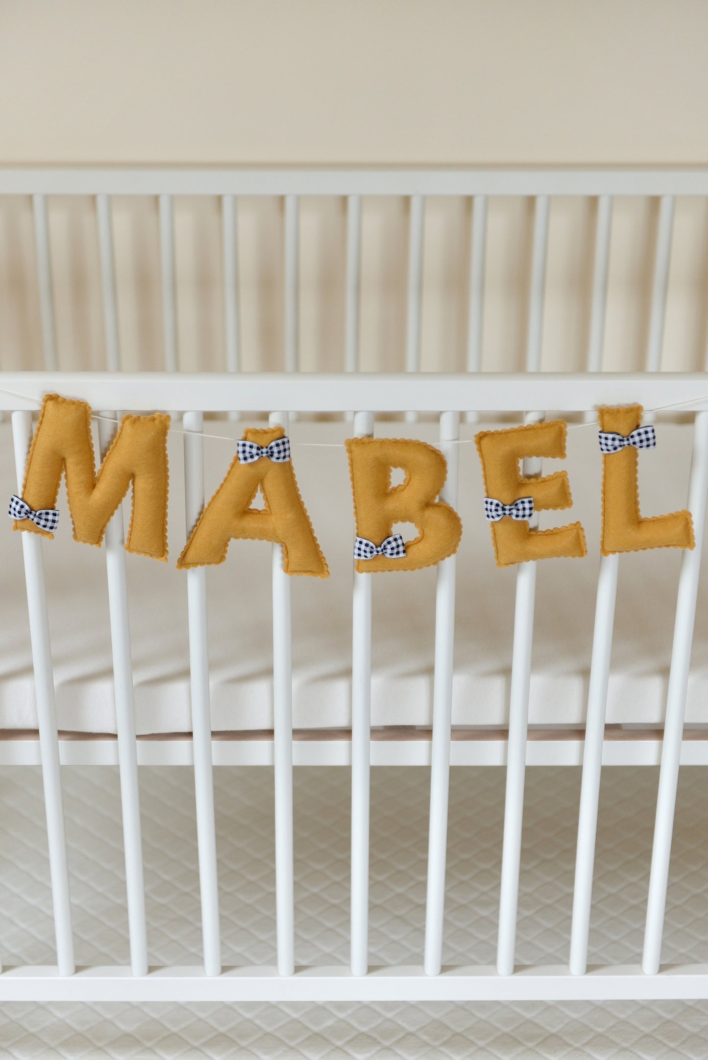 Ochre Personalized Felt Name Banner With Black Gingham Bows - Handmade Nursery, Playroom & Party Decor