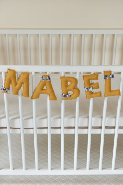 Ochre Personalized Felt Name Banner With Black Gingham Bows - Handmade Nursery, Playroom & Party Decor