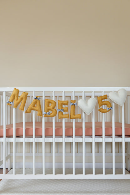 Ochre Personalized Felt Name Banner With Black Gingham Bows - Handmade Nursery, Playroom & Party Decor