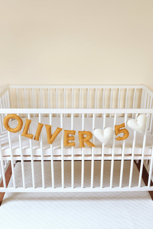 Ochre Personalized Felt Name Banner With Scalloped Letters - Handmade Nursery, Playroom & Party Decor