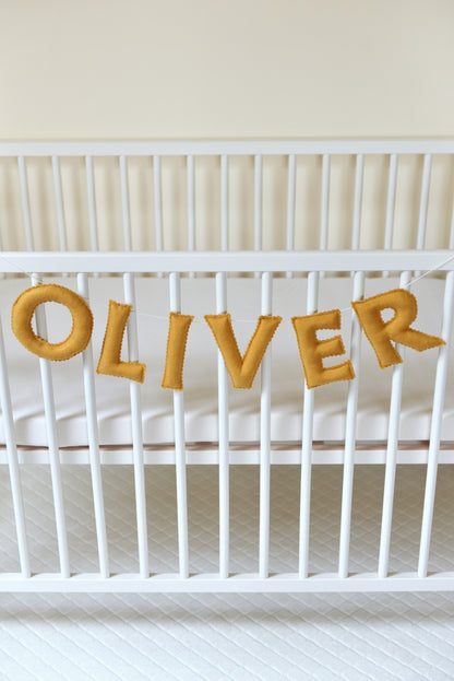 Ochre Personalized Felt Name Banner With Scalloped Letters - Handmade Nursery, Playroom & Party Decor