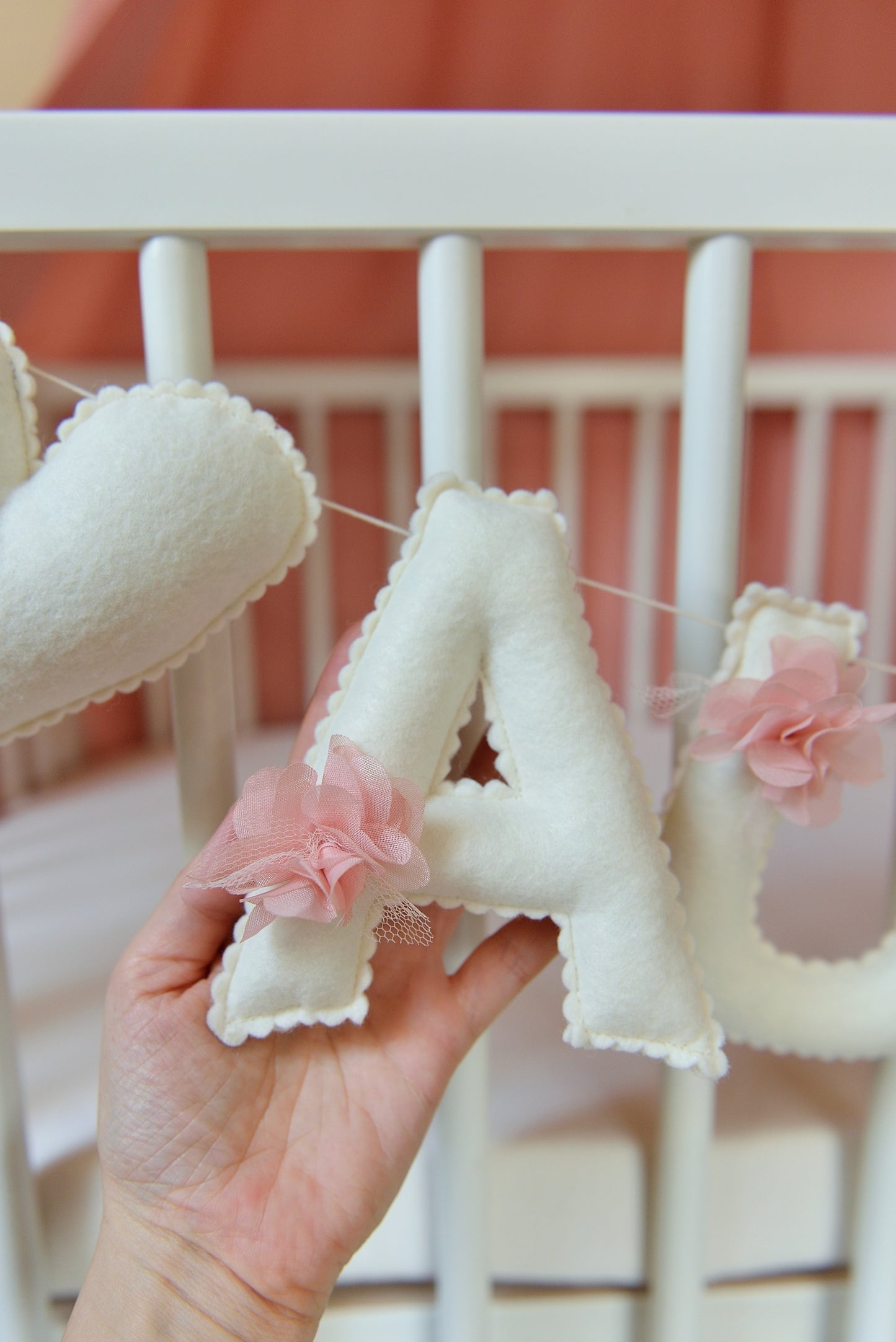 Romantic Ivory Personalized Felt Name Banner with Scalloped Letters - Handmade Nursery, Playroom & Party Decor