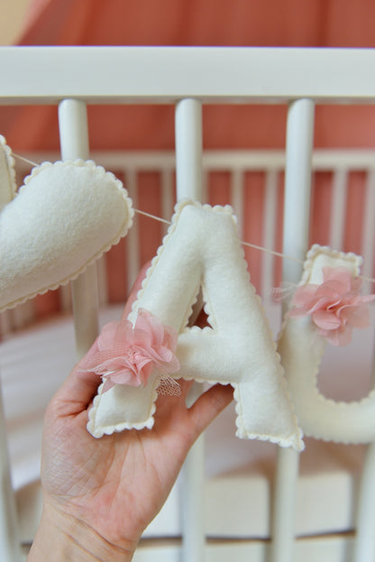 Romantic Ivory Personalized Felt Name Banner with Scalloped Letters - Handmade Nursery, Playroom & Party Decor