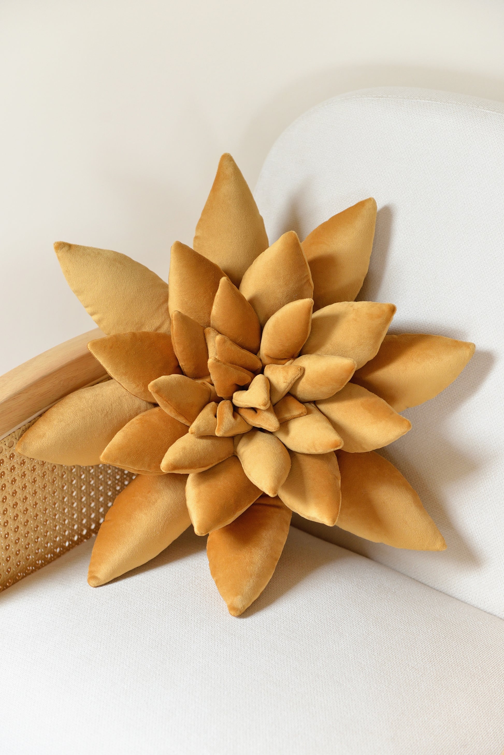 Large succulent shaped velvet decor pillow in golden yellow colour placed on an ivory rattan armchair.