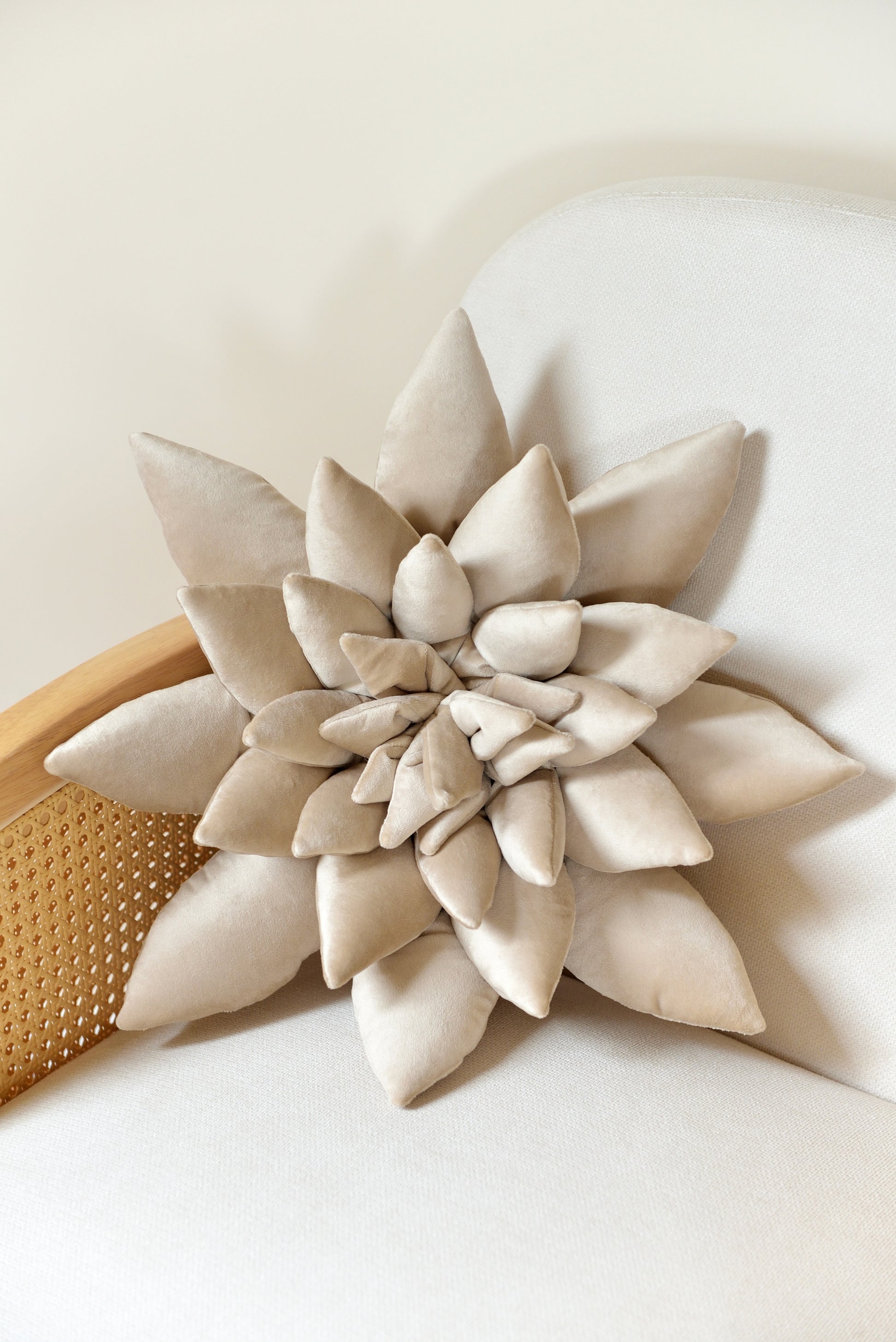 Large succulent shaped velvet decor pillow in pearl colour placed on an ivory rattan armchair.