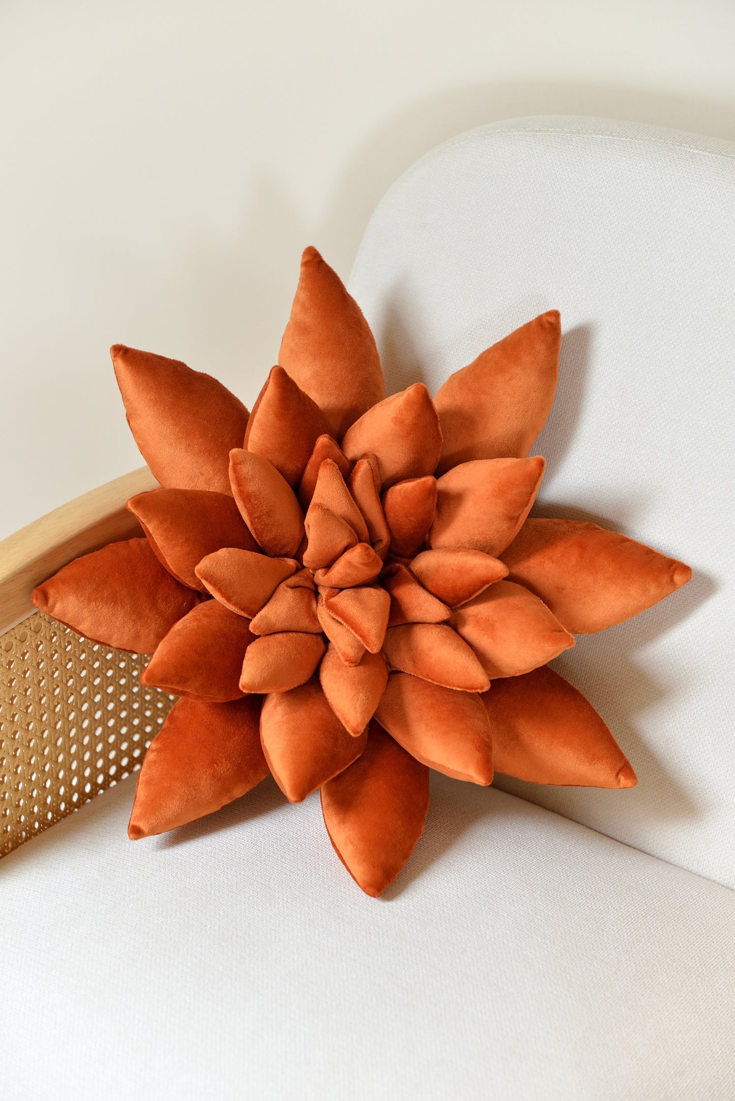 Large succulent shaped velvet decor pillow in rust colour placed on an ivory rattan armchair.