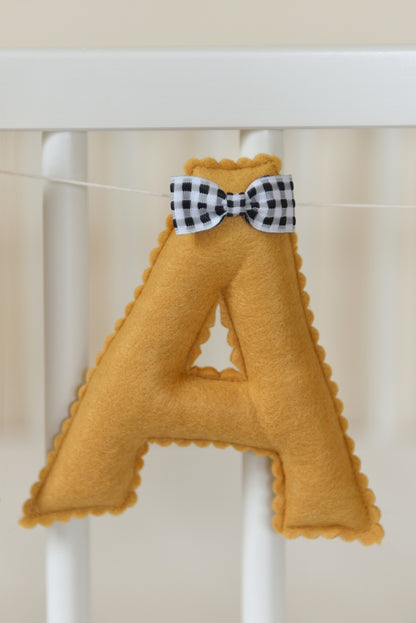 Ochre Personalized Felt Name Banner With Black Gingham Bows - Handmade Nursery, Playroom & Party Decor