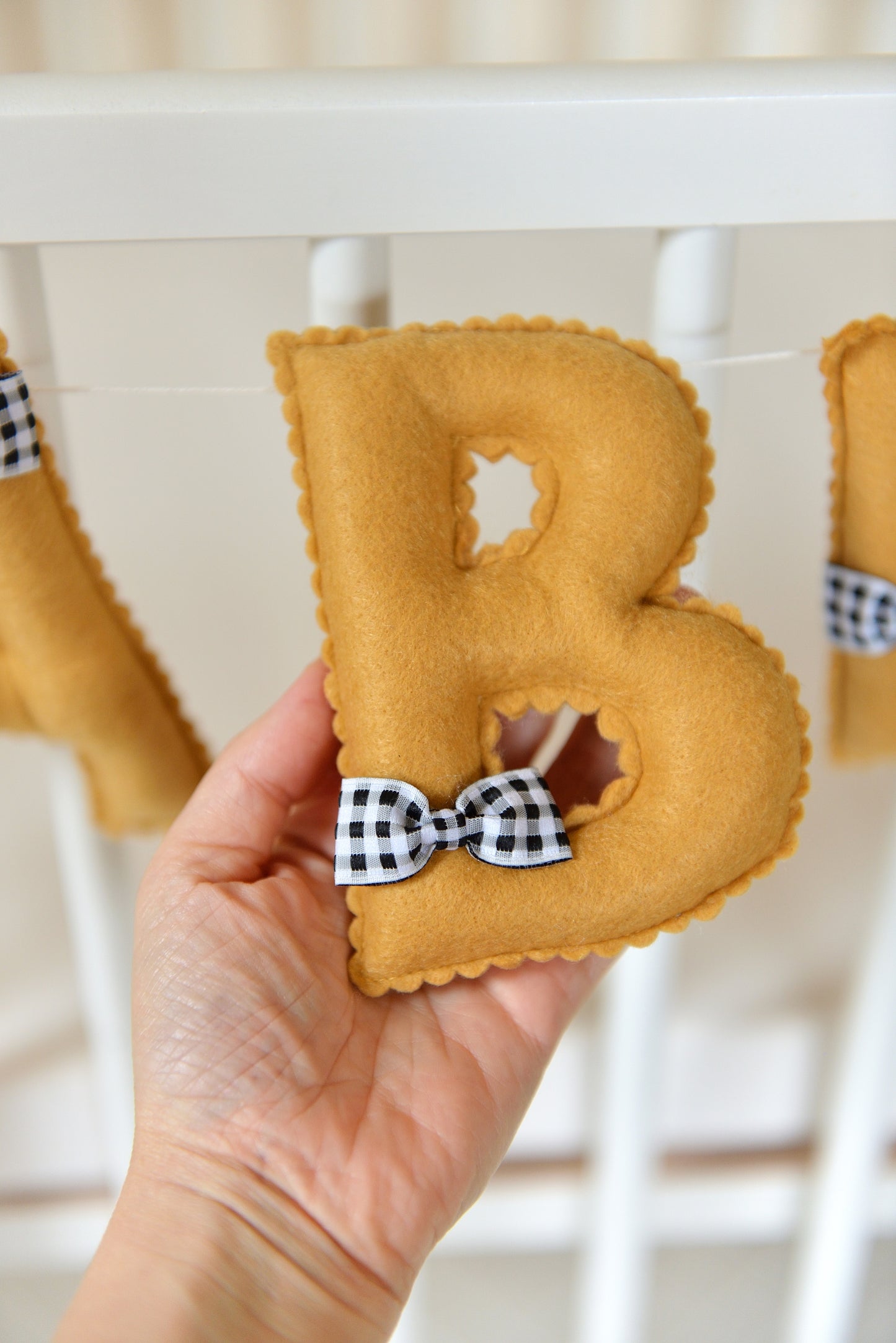 Ochre Personalized Felt Name Banner With Black Gingham Bows - Handmade Nursery, Playroom & Party Decor