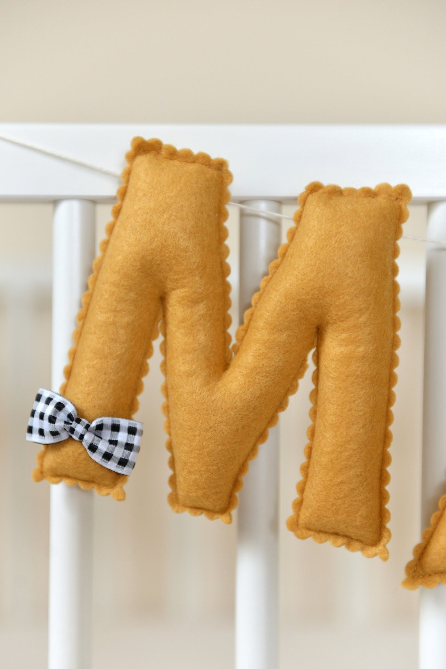 Ochre Personalized Felt Name Banner With Black Gingham Bows - Handmade Nursery, Playroom & Party Decor