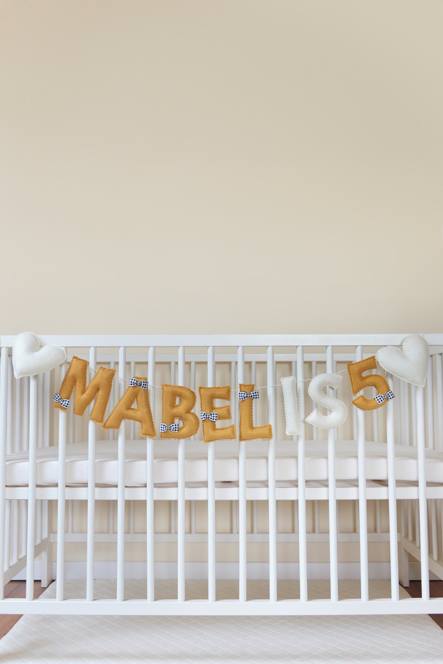 Ochre Personalized Felt Name Banner With Black Gingham Bows - Handmade Nursery, Playroom & Party Decor