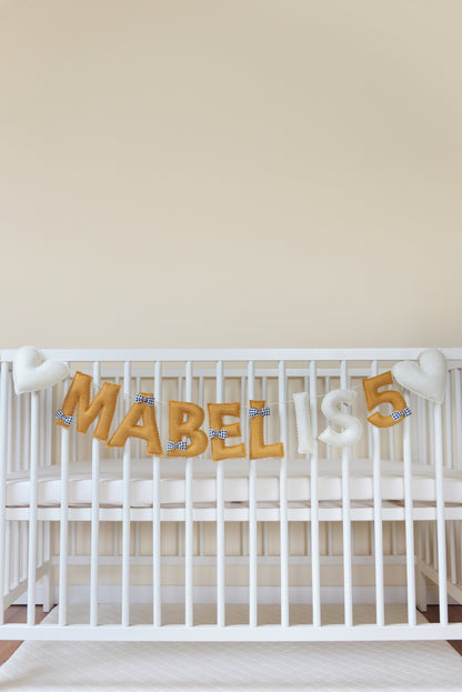 Ochre Personalized Felt Name Banner With Black Gingham Bows - Handmade Nursery, Playroom & Party Decor