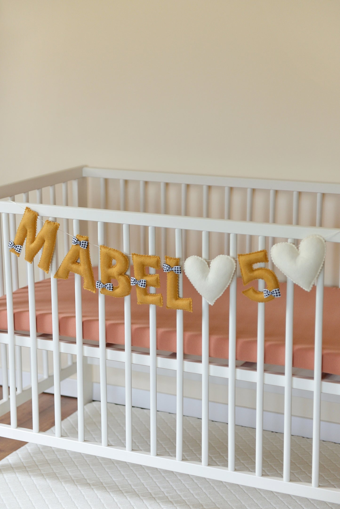 Ochre Personalized Felt Name Banner With Black Gingham Bows - Handmade Nursery, Playroom & Party Decor