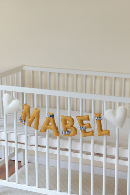 Ochre Personalized Felt Name Banner With Black Gingham Bows - Handmade Nursery, Playroom & Party Decor