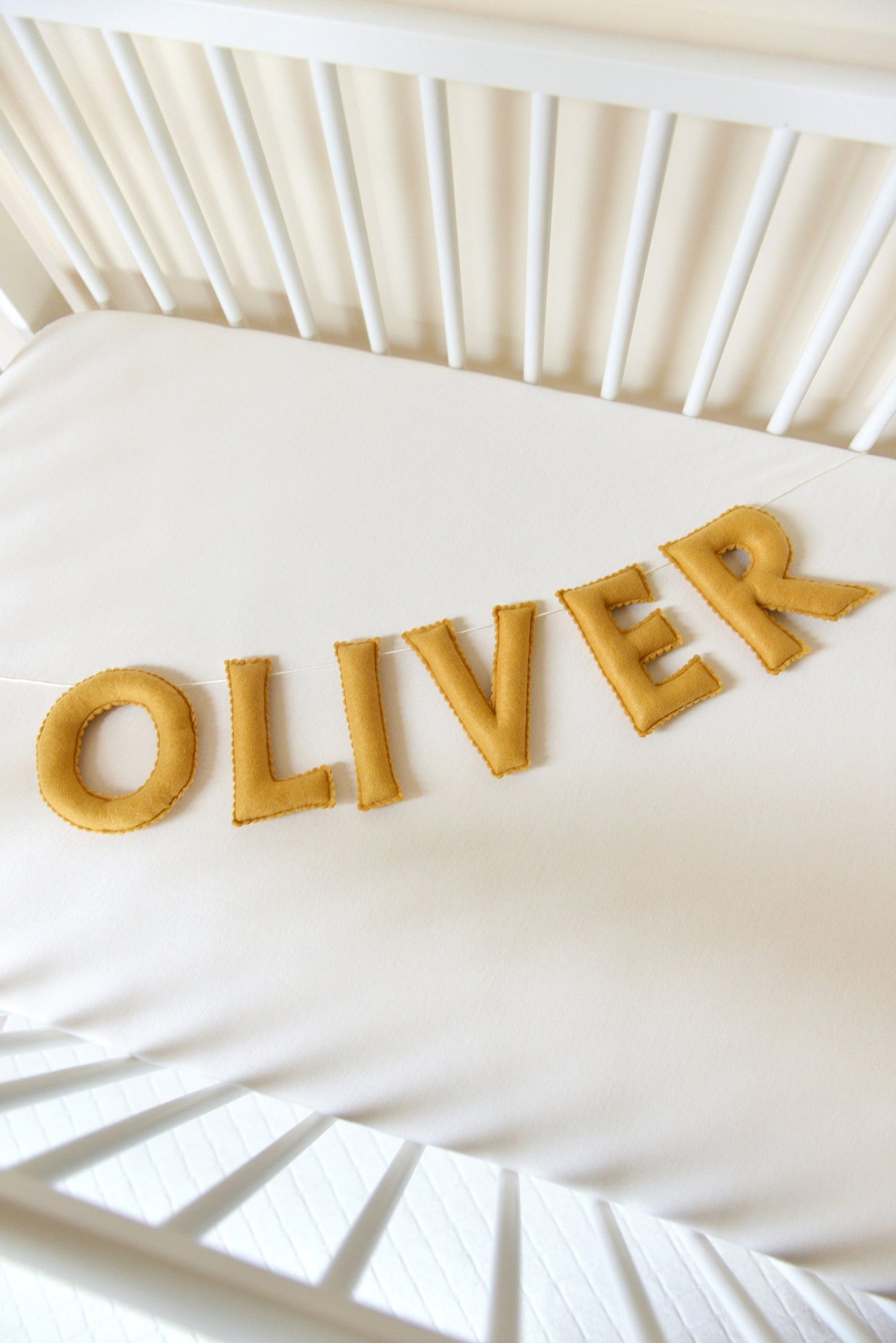 Ochre Personalized Felt Name Banner With Scalloped Letters - Handmade Nursery, Playroom & Party Decor