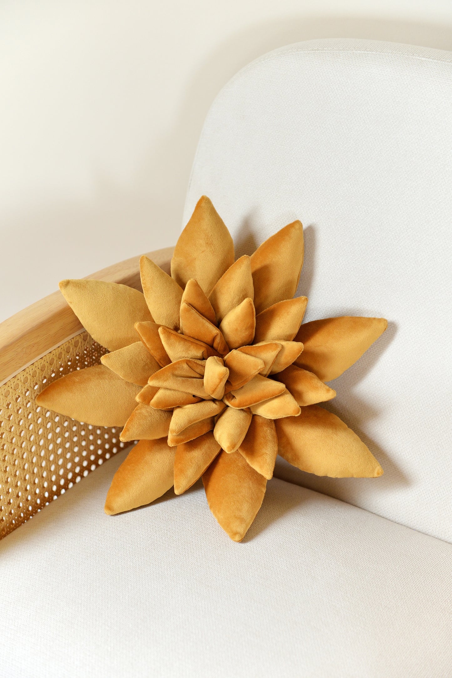 Standard size succulent shaped velvet decor pillow in golden yellow colour placed on an ivory rattan armchair.