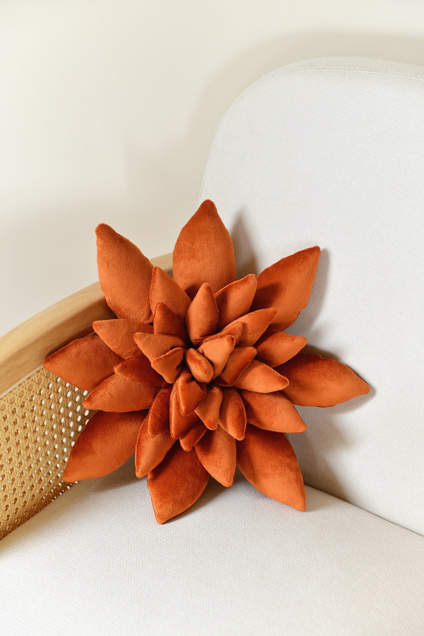 Standard size succulent shaped velvet decor pillow in rust colour placed on an ivory rattan armchair.