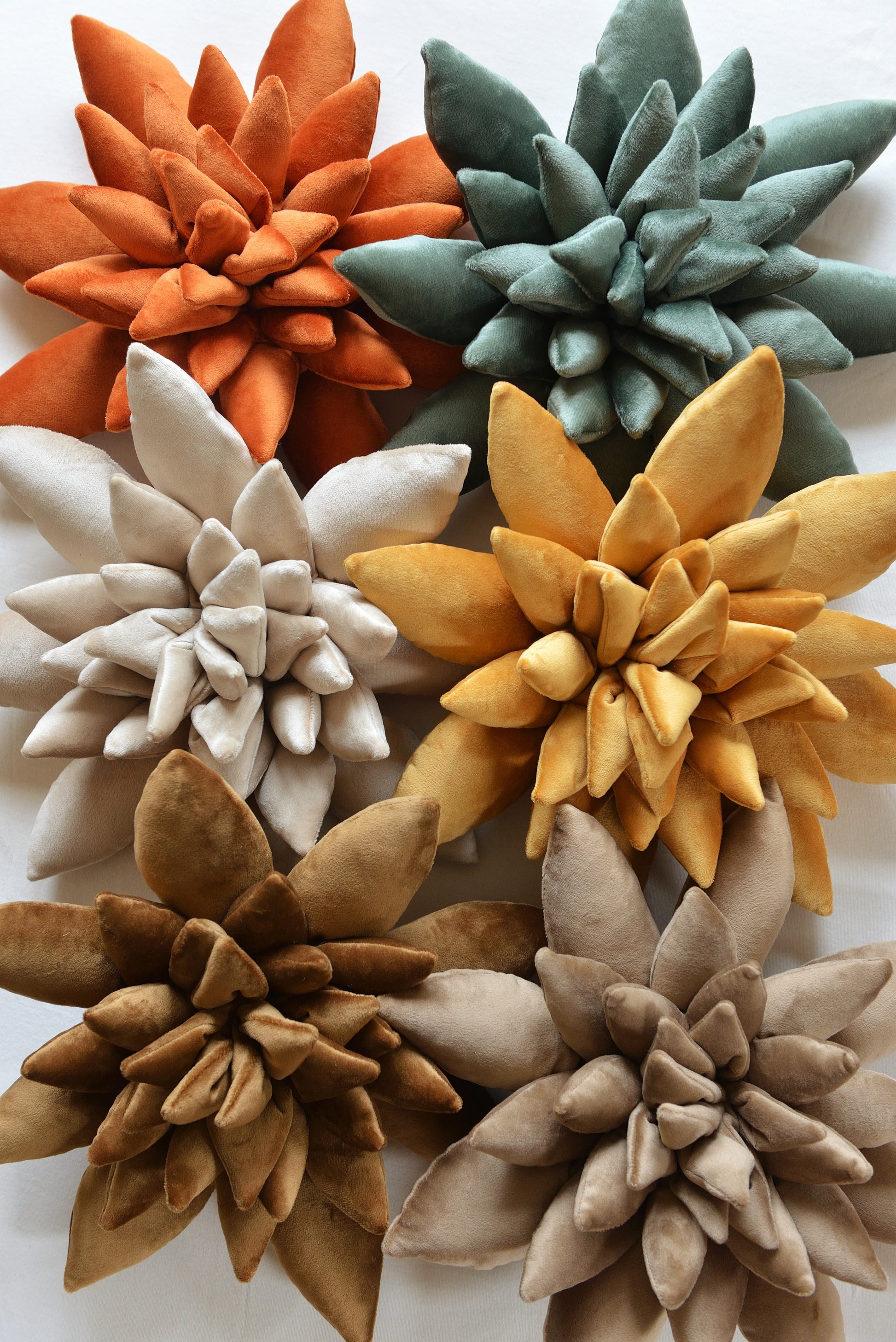 Flatlay of succulent shaped decor pillows in shades of golden yellow, pearl, sand, coffee brown, jade green and rust on a light background.